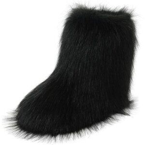 Women's Faux Fluffy Furry Fur Short Snow Warm Comfortable Mid Calf Black Boots